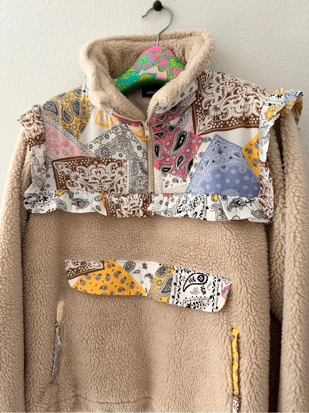LEO AND VIOLA Floral Patchwork Sherpa Fleece  TEDDY JACKET - MSRP $228 Small